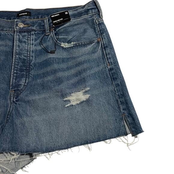 Express Womens Shorts Size 14 Blue Mom Shorts Button Fly Super High Rise Denim - Picture 3 of 13